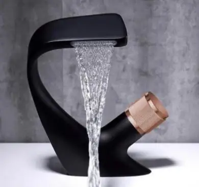 

European Style Waterfall Faucet Single Hole Basin Faucet Cross Border Brass Bathroom Wash Basin Black Gold Faucet