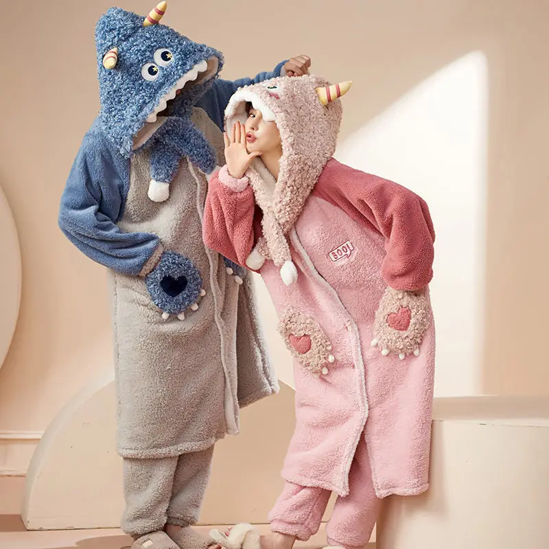 Cartoon Sleepwear Animal Cosplay Flannel Pajamas Sets Women Winter Nightgown Suit Thicken Warm Bathrobe Casual Loose Nightwear