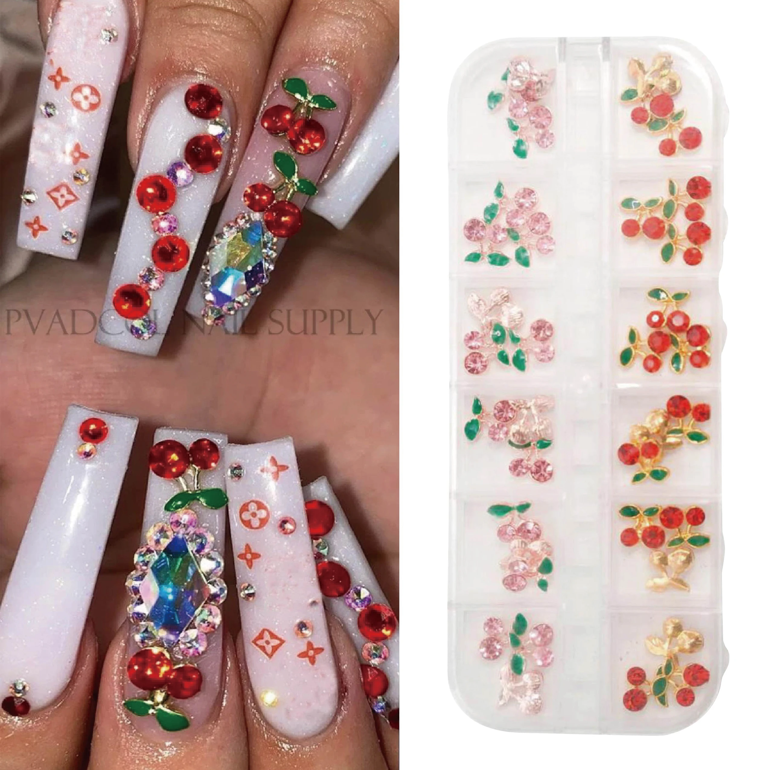 

12 Grids Cherry Alloy Accessories Nails Art Charms Rhinestones 3D Luxury Nail Jewelry Mini Crystals Gem Manicure Decoration