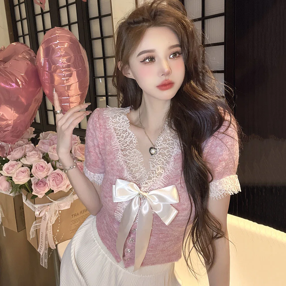 Женский трикотажный свитер с бантом Летний джемпер длинным рукавом и кружевом 2024