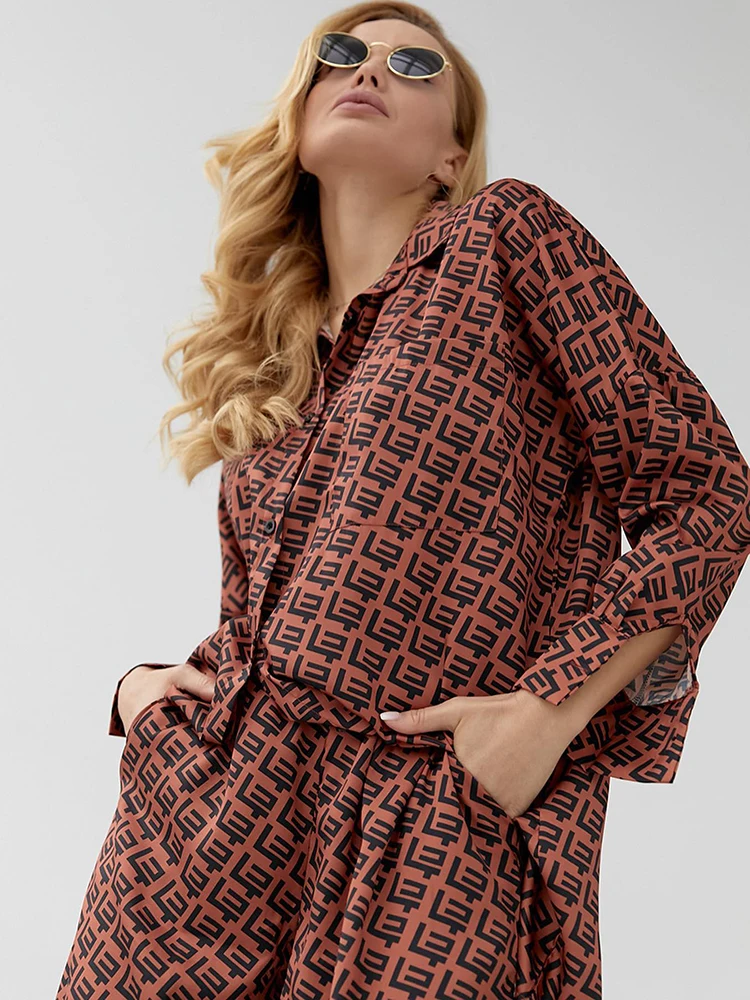 

Hiloc Lapel Print Sleepwear Women's Pajamas Set High Waist Wide Leg Pants Set Pocket Long Sleeve Home Suit For Women Sets 2023