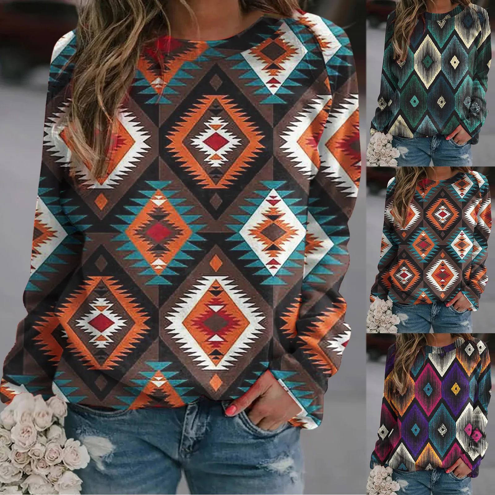 

Pullover Sweatshirt For Women Vintage Print Sweatshirt Long Sleeve Blouse Lightweight Sweatshirt Crew Neck Oversize Sweatshirt