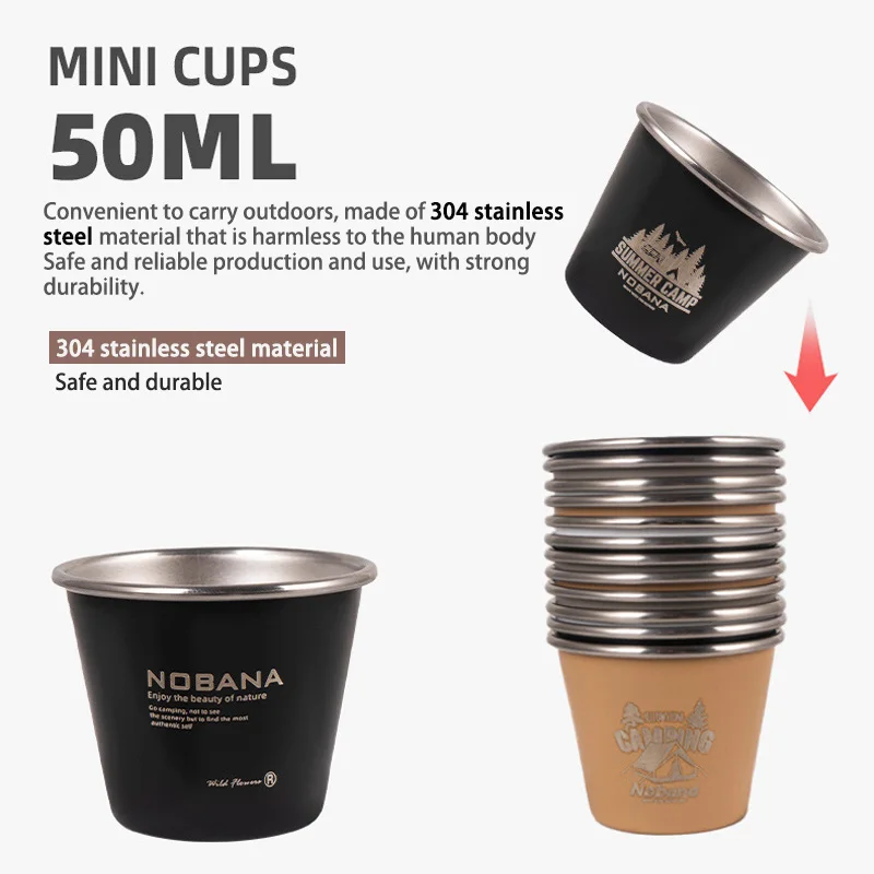 

50ml Mini Outdoor Cup Set 304 Stainless Steel Camping Hiking Picnic Water Tea Beer Coffee Milk BBQ Tumblers Portable Mug Glass