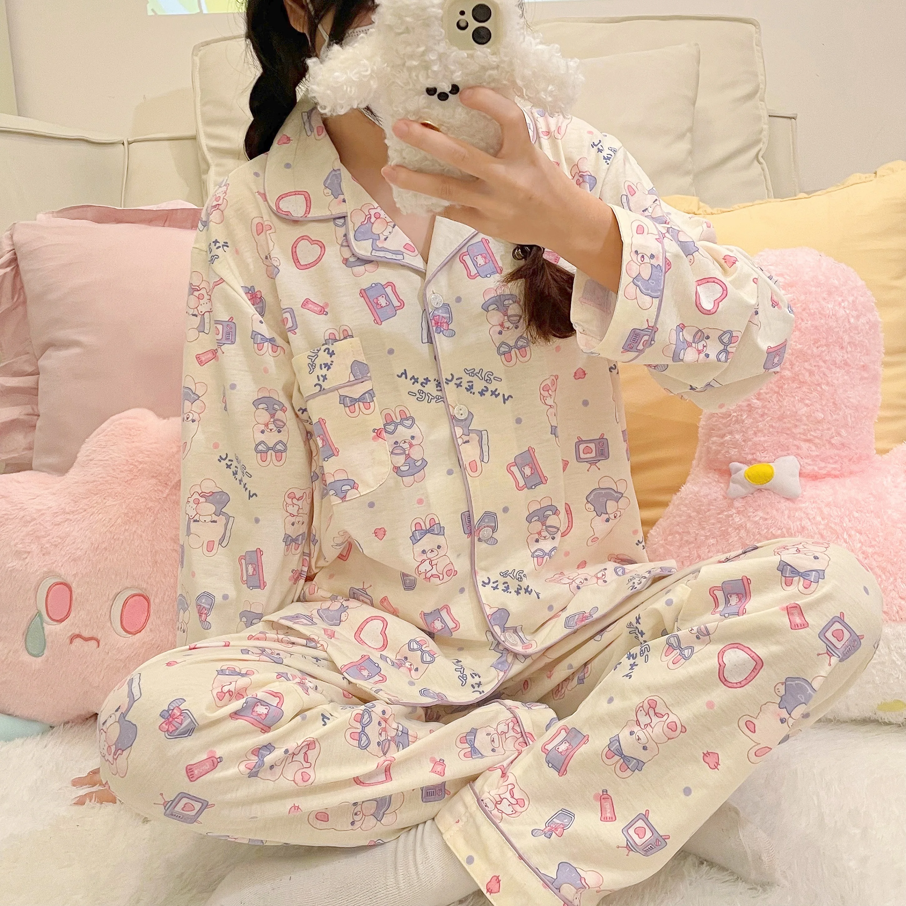 

Пижама из чистого хлопка с японским Кроликом, брюки с длинным рукавом, Женская весенне-осенняя Милая Домашняя одежда с мультяшным принтом
