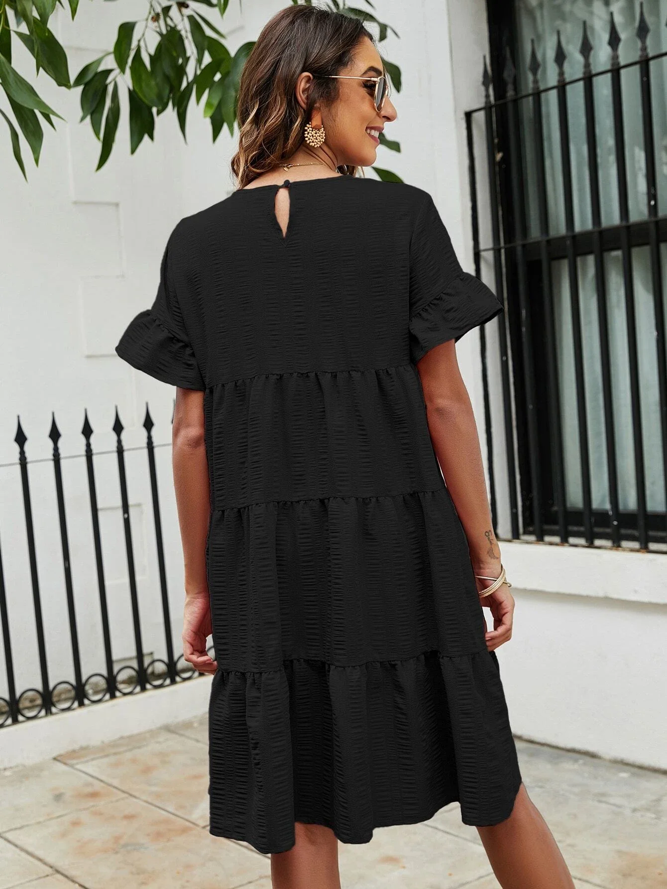 

Solid Flounce Sleeve Smock Dress