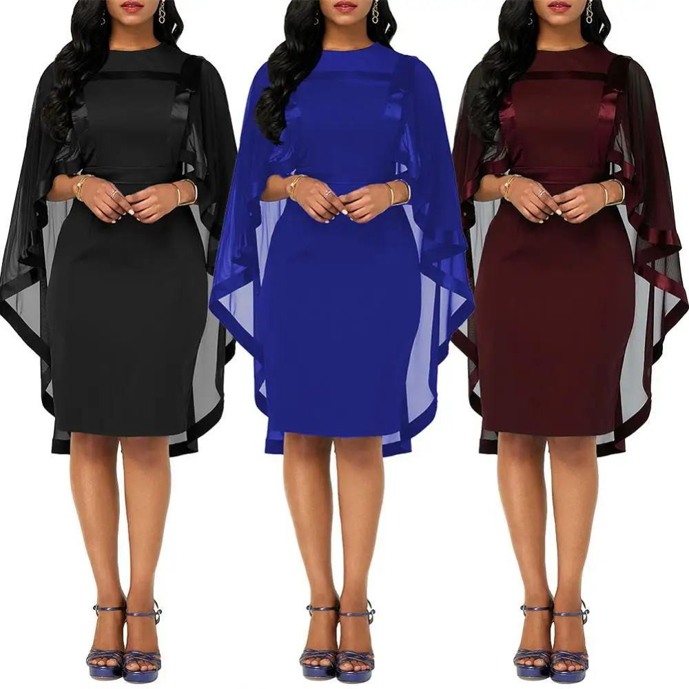 

Fashion Women Solid Color O Neck Mesh Stitching Cloak Party Knee-length Dress