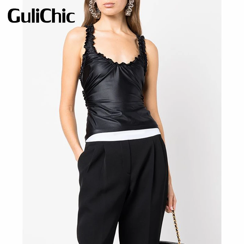 

3.21 GuliChic Round Neck Sleeveless Suspender Ruched Ruffle Slim Solid Color Fashion Backless Tank Top Women