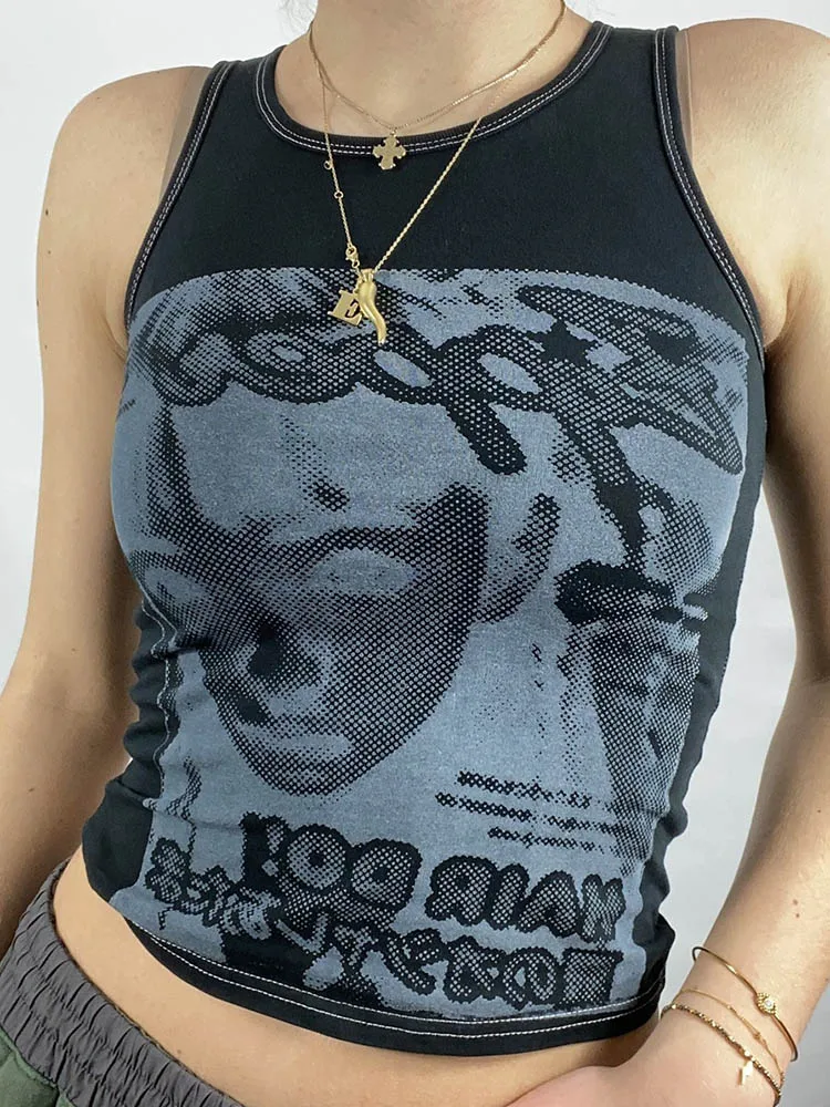 Женский короткий топ без рукавов готический винтажный Топ в стиле эмо с