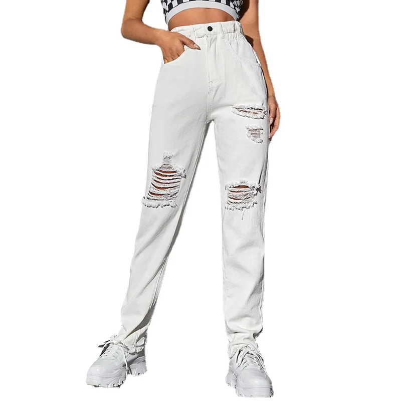 

White Straight Leg Jeans Spring Women Fashion Pleated High Waist Ripped Baggy Jeans Woman Retro Distressed Boyfriend Denim Pants