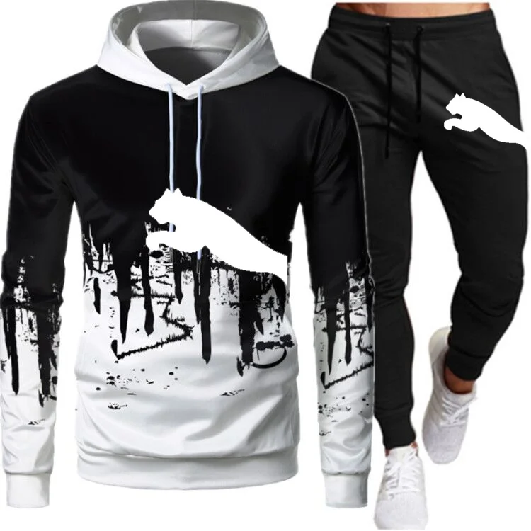 

2022 Tracksuit Men 2 Pieces Sets New Brand Autumn Winter Hooded Sweatshirt +Drawstring Pants Male Stripe Patchwork Hoodies S-3XL