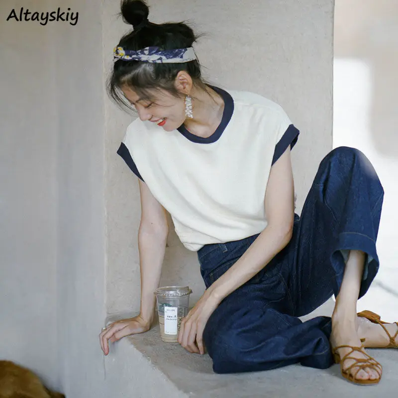 

Short Sleeve T-shirts Patchwork Knitted Fashion Leisure Simple Daily Elegant Tops Loose Korean Style Females Thin Summer Retro