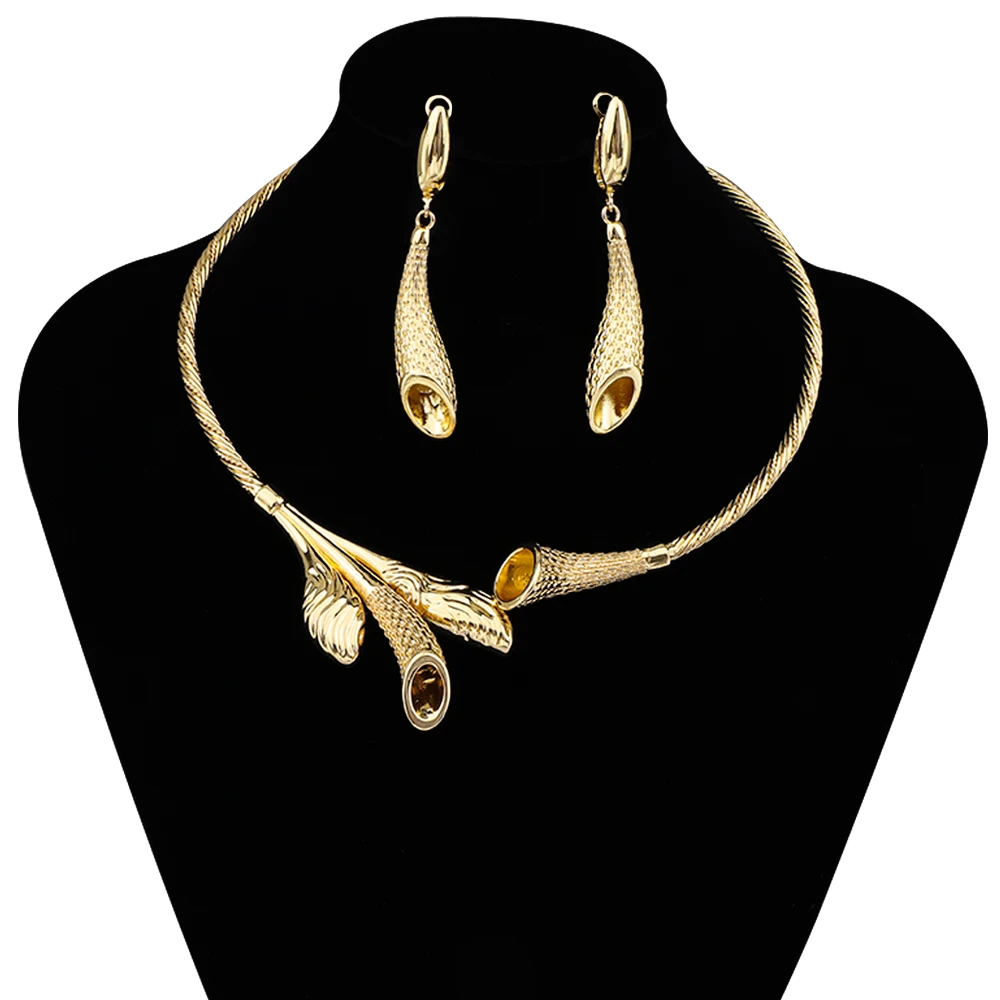 

Dubai Gold Color Luxury Design Necklace Choker Pendant Earring Jewelry Set Ethiopians Africa Women Wedding Party Bride Gifts