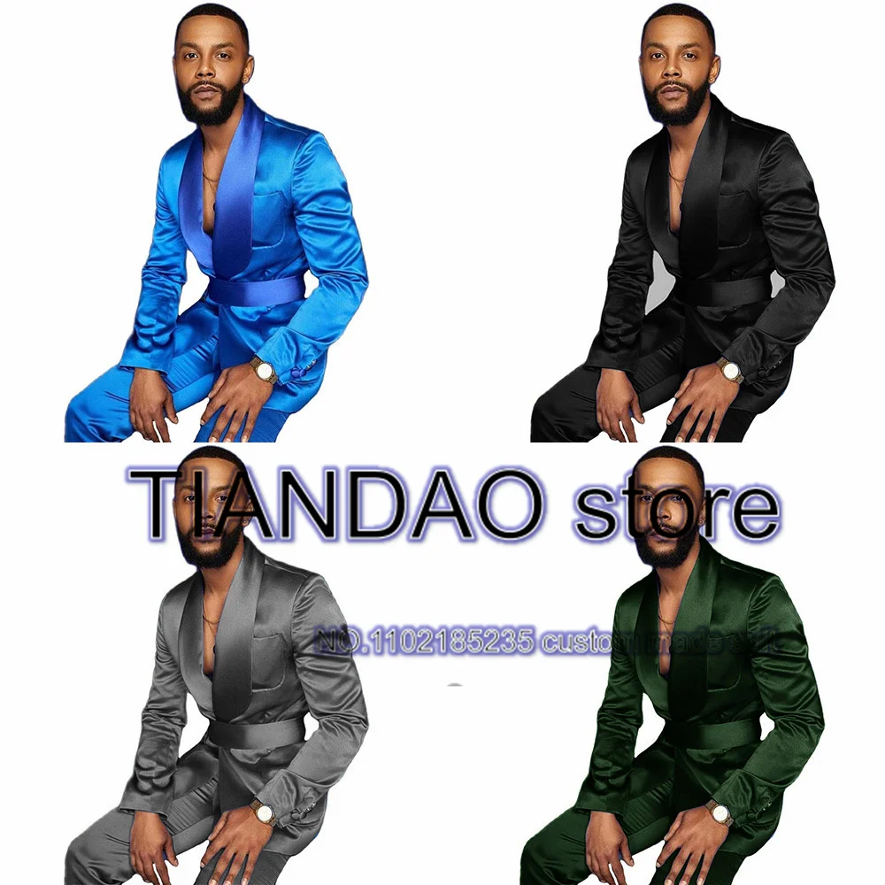 

Satin Men's Suit 2 Piece Lapel Jacket Set Casual Blazer Pants Homme High Quality Clothes Wedding Tuxedo