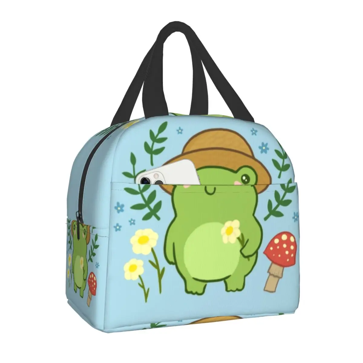 Cute Frog With Hat Mushroom Kawaii Aesthetic Cottagecore Insulated Lunch Bag for Women Leakproof Cooler Thermal Lunch Tote