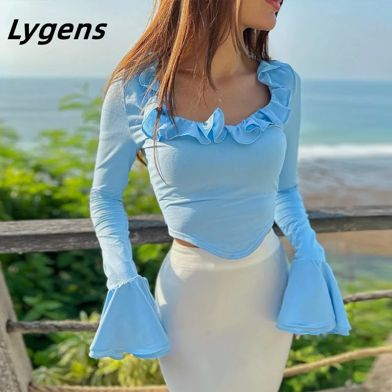 

Lygens Solid O Neck Long Sleeve Ruffles High Waist Tank Crop Tops Corset 2023 Slim Streetwear Autumn Fashion Wholesale Clothing