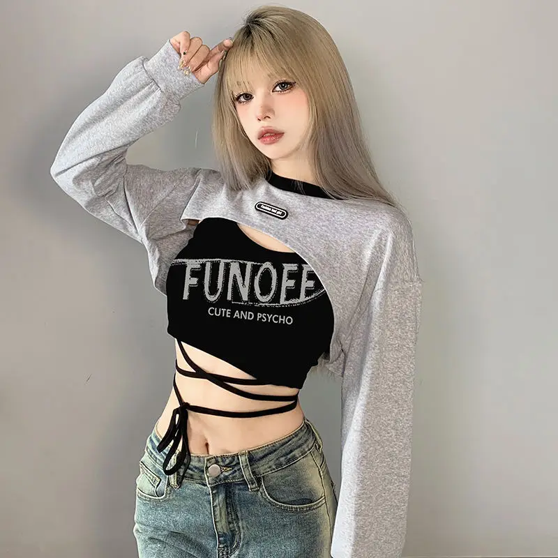 

Женский Повседневный костюм-двойка Hikigawa, укороченная блузка и бандажный топ с надписью Y2k, одежда для улицы на весну и лето