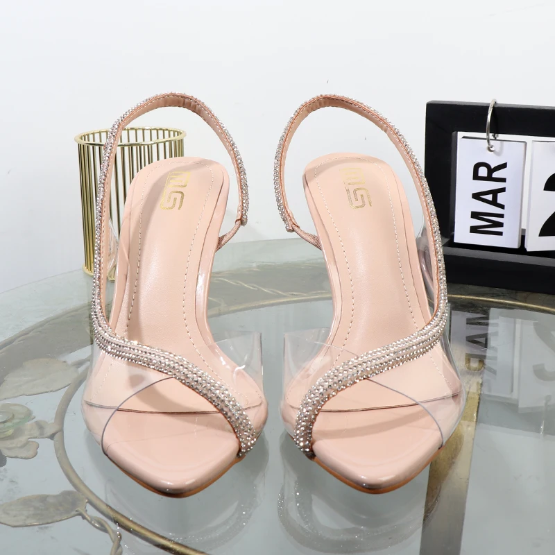 2023 summer new fashion noble sandals pointed rhinestone high heels Joker transparent with thin heels plus size sandals 9CM