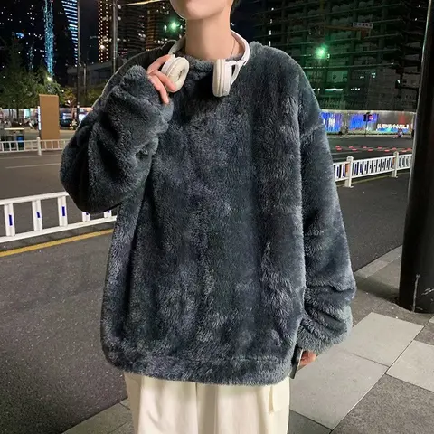 Grey Plush Man Sweatshirts Korean Style Oversized Solid Color O Neck Warm Winter Men's Clothes Loose Streetwear Hoodies for Men