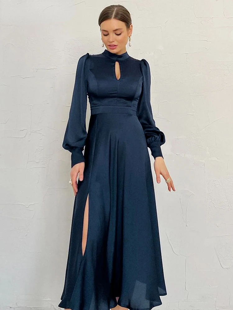 

Elegant Evening Dresses Navy Hollow Out Woman Satin Midi Party Dress Spring Lantern Sleeves Sliky Keyhole Dress 2023