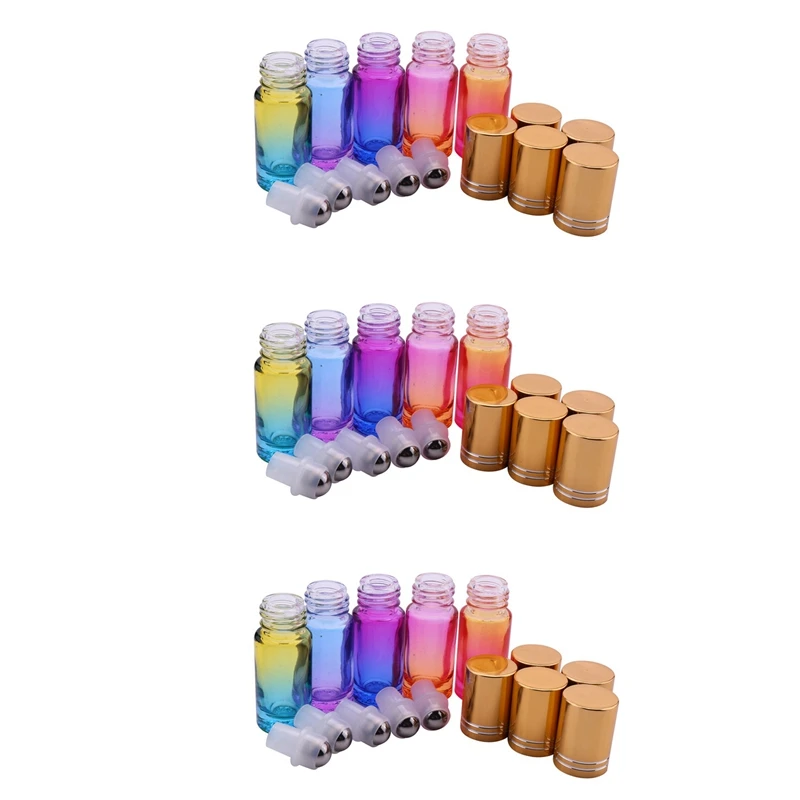 15Pcs 5Ml Thick Glass Roll On Essential Oil Empty Parfum Bottles Roller Ball 5 Colors Bottle With Gold Cover