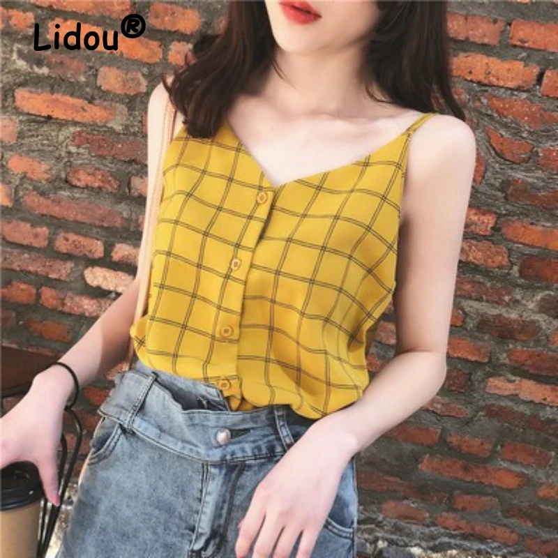 

Spring Summer Plaid V-neck Open Stitch Suspenders Vest 2022 Sweet Vacation Style Tank Casual Loose Tank for Female Fashion Camis