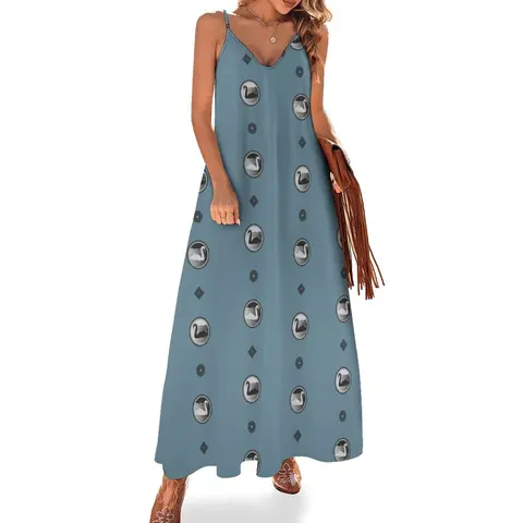 Женское длинное платье без рукавов, голубое свободное элегантное платье с лебедями, лето 2019