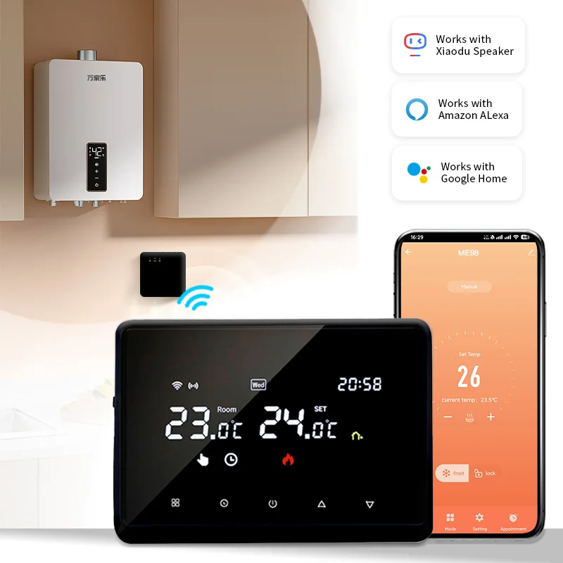 Фото Новый беспроводной Wi-Fi термостат Tuya, газовый котел, на батарейках, Wi-Fi термостат для котла, регулятор температуры Alexa Google Home №3