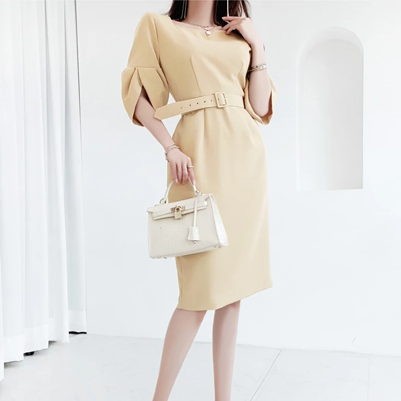 

2022 Summer New Korean Temperament Slim Belt Waist Slim Fashion Petal Sleeve Bodycon Pencil Dress For Women