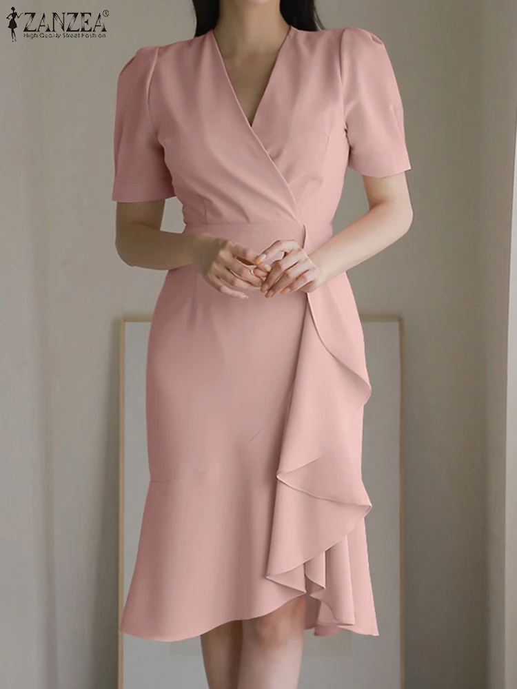 

Платье ZANZEA женское с V-образным вырезом, модное однотонное элегантное средней длины, с коротким рукавом, сарафан с асимметричным подолом, лето