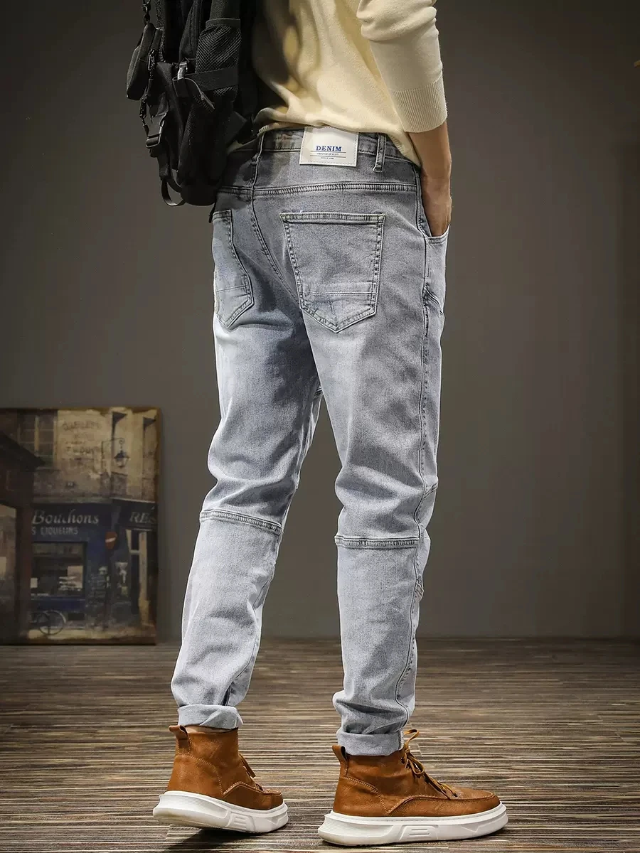 Streetwear Fashion Men Jeans Retro Light Blue Stretch Slim Spliced Biker Jeans Homme Hip Hop Pants Men Elastic Vintage Trousers