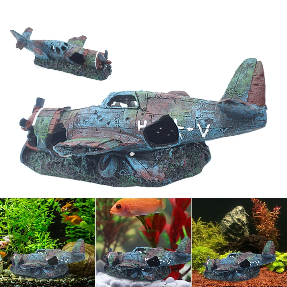 

New Aquarium Ornaments Resin Wreck Aircraft Fish Tank Decorations Landscaping Small Fighter Fish Shrimp Hideaway Cave Supplies