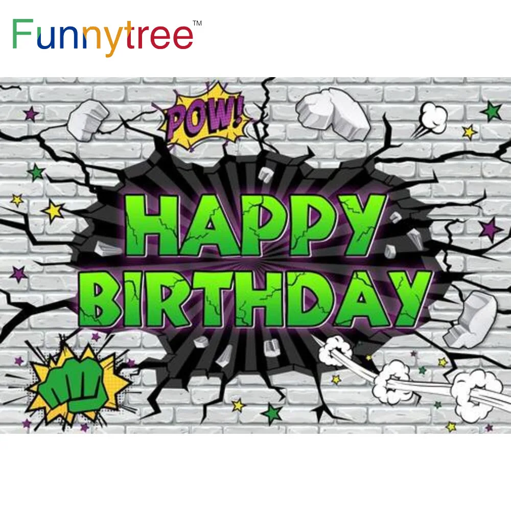 

Funnytree Super Birthday Party Background Theme Brick Wall Boom Hero Cartoon Comic Baby Shower Banner Photocall Backdrop