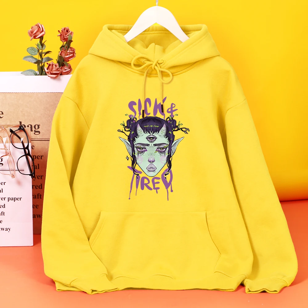 

Sick tried demon girl Printing Women Sweatshirt Harajuku Casual Hoody Fashion Loose Hoodie Autumn Warm vintage Fleece Woman Tops