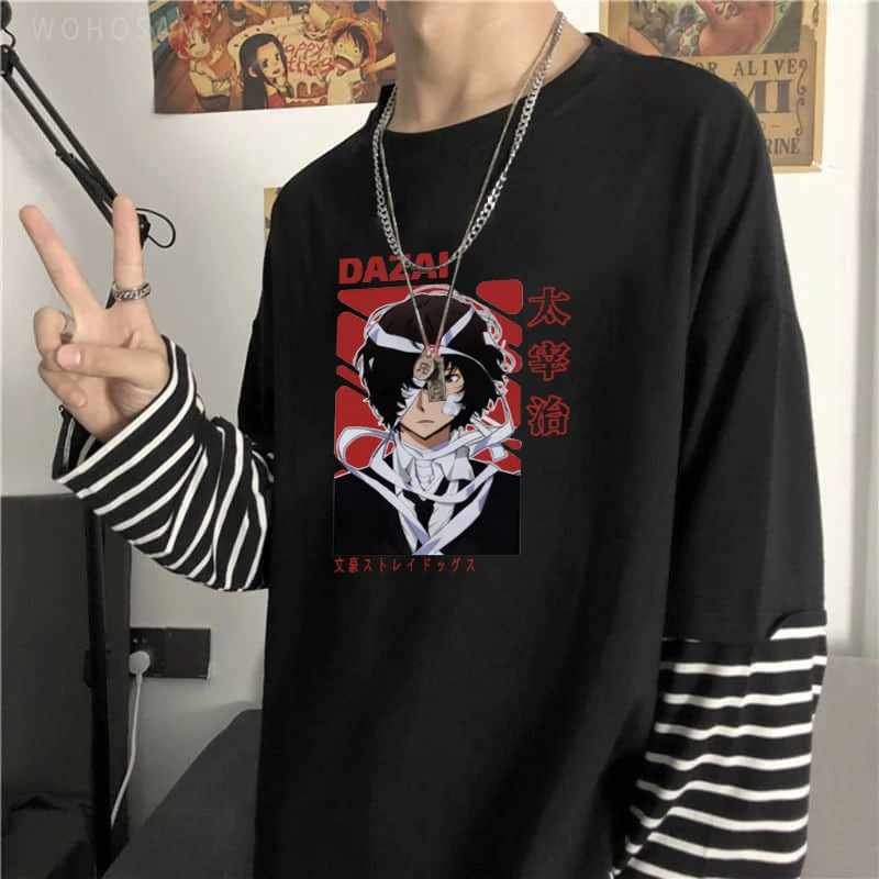 

Harajuku Anime Bungo Stray Dogs Osamu Dazai Cool T Shirt Fashion Manga Winter Casual Oversize Women Men Fake Two Pieces T-Shirt