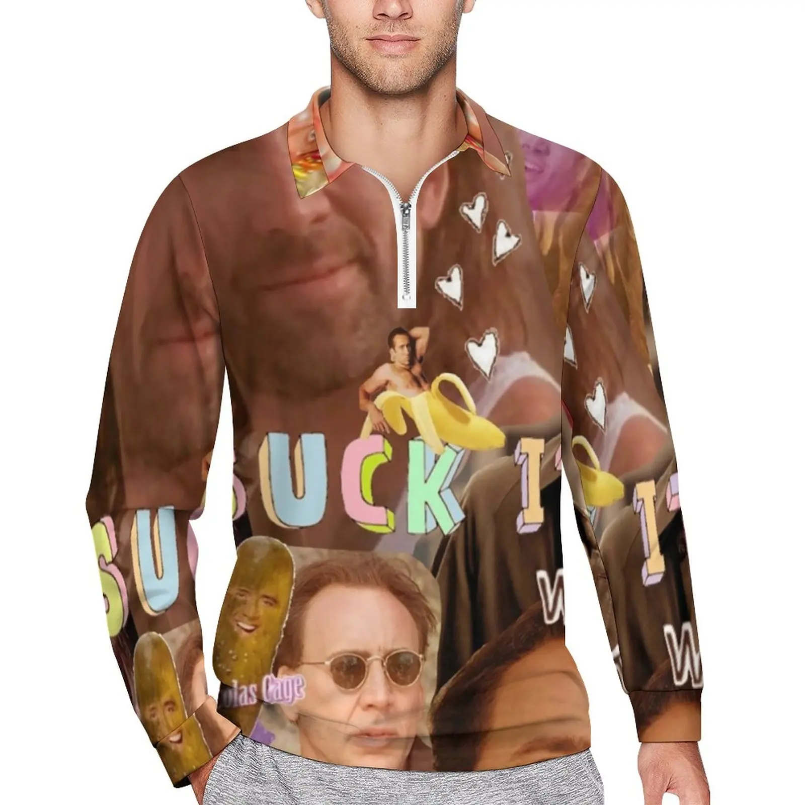 

Nicolas Cage Collage Casual Polo Shirt Funny Memes T-Shirts Long-Sleeve Custom Shirt Daily Retro Oversized Man Tops Gift Idea