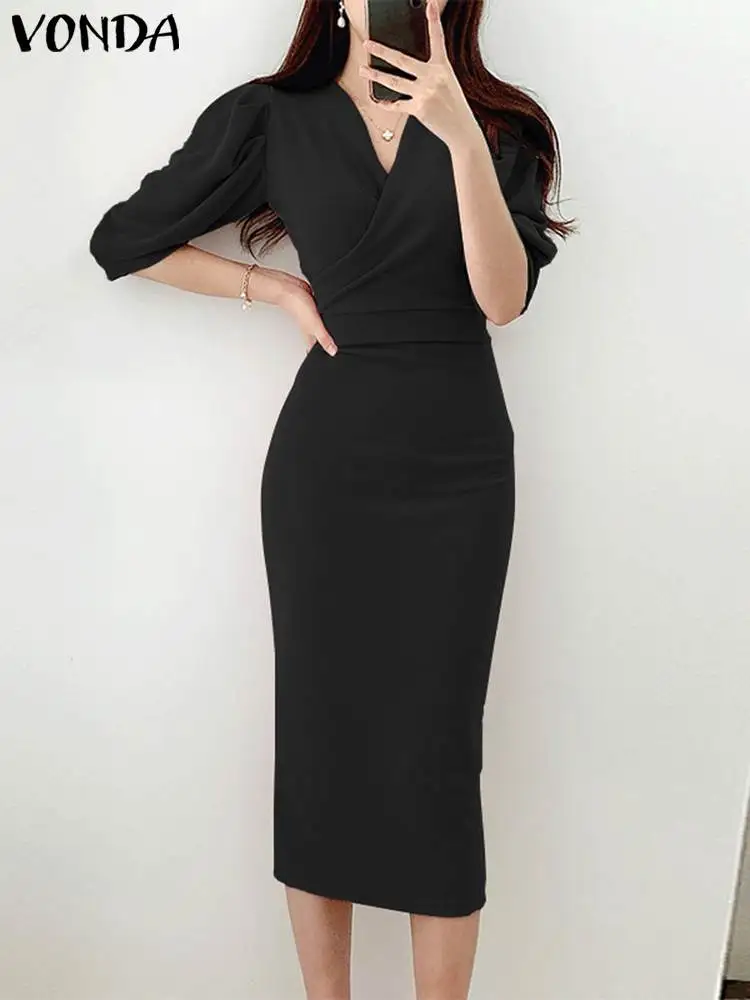 

Женский элегантный Однотонный сарафан VONDA средней длины, повседневное длинное платье-рубашка с рукавом 3/4 и V-образным вырезом, модное плиссированное платье 2023