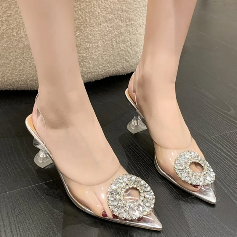 

New 2022 Summer Pointed Toe Women's Shoes Transparent High-heeled Rhinestones Including Transparent Finish Mules Open Toe Shoes