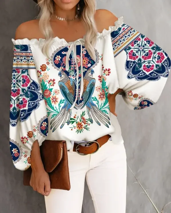 

Женский топ с открытыми плечами и оборками на подоле, винтажный Племенной принт, новинка 2022, весенне-летняя свободная элегантная женская бл...