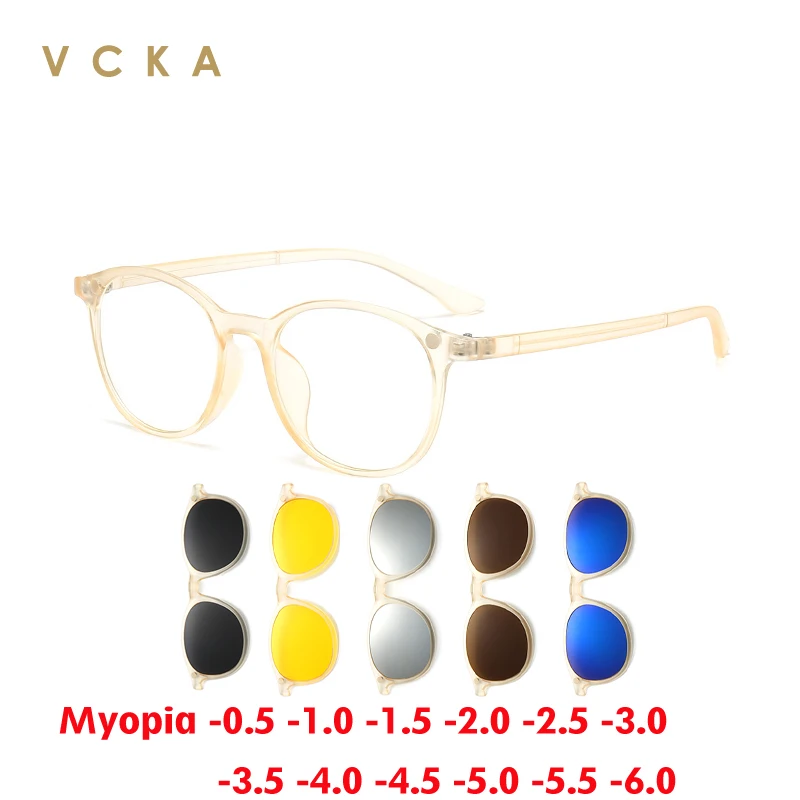 

Женские и мужские очки для близорукости VCKA, солнцезащитные очки 6 в 1 с магнитной застежкой, прозрачные круглые поляризационные очки по рецепту,-0,5 ~-6,0