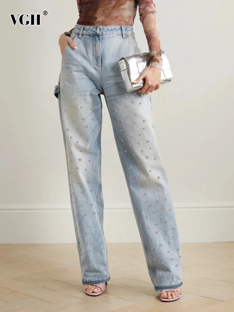 

VGH Solid Patchwork Diamonds Casual Denim Trousers For Women High Waist Spliced Button Minimalist Loose Straight Jeans Female