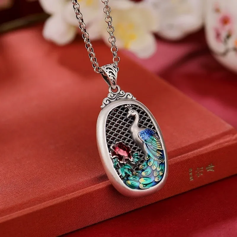 Женское двухстороннее ожерелье из серебра 925 пробы с эмалью