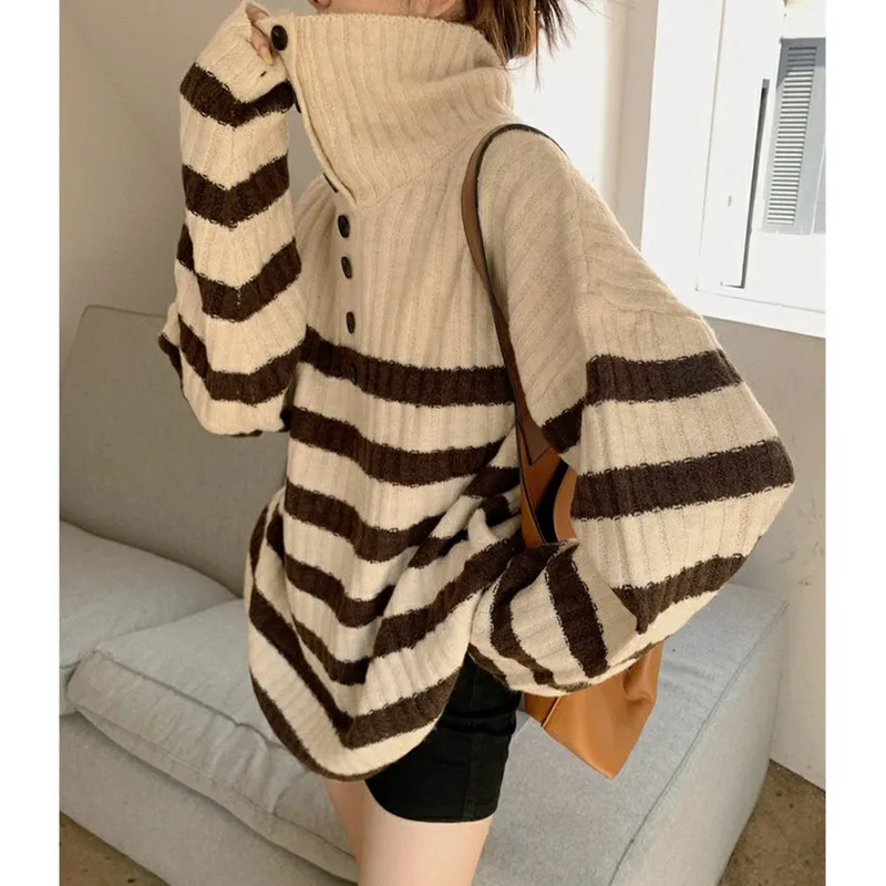 

ZCSMLL Black White Striped Color High Neck Sweater for Women Autumn and Winter Loose Knit Pullover Medium Length New 2023