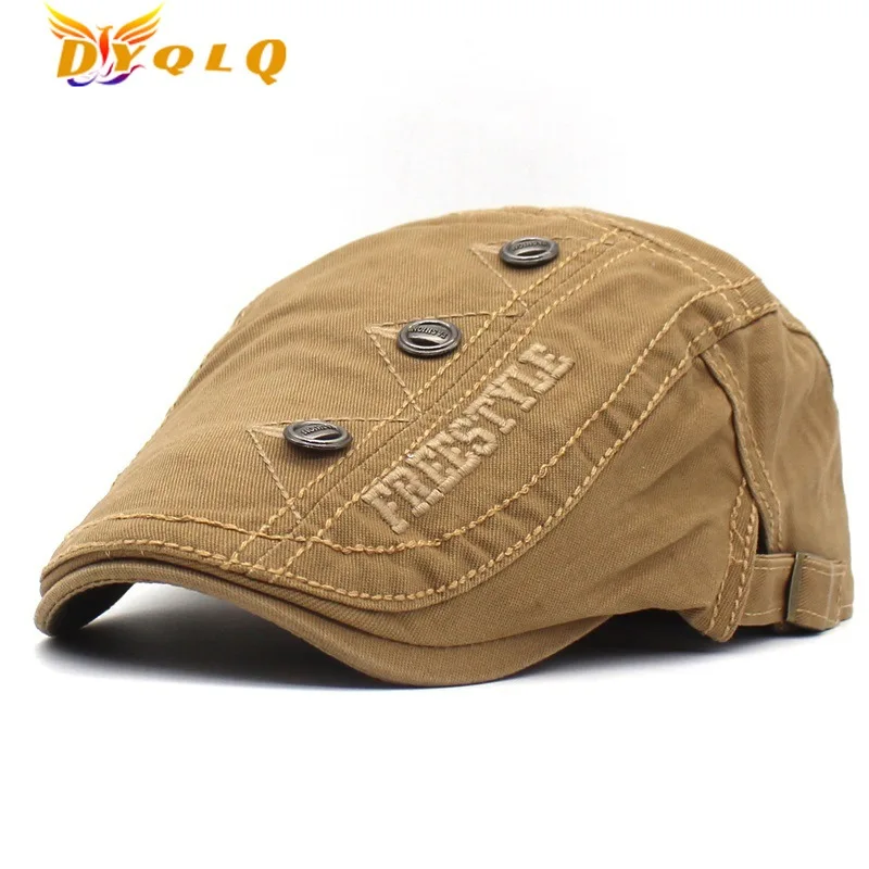 

Men's Cotton Check Embroidered Beret Newsboy Cap Gorras Flat Beret Adjustable Vintage Hat Fashion Button Front Cap