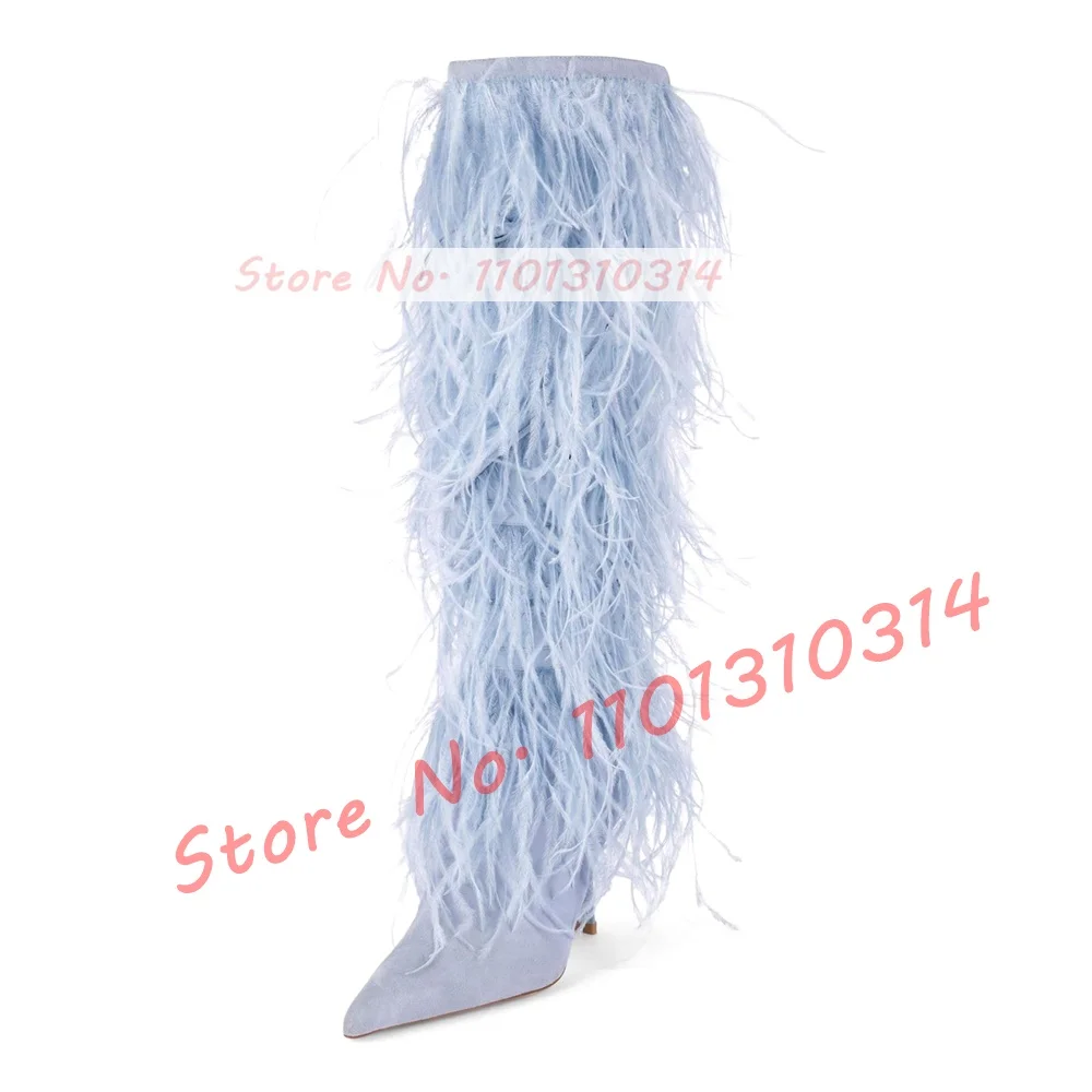 Женские сапоги до колена с бахромой и заостренным носком на высоком каблуке