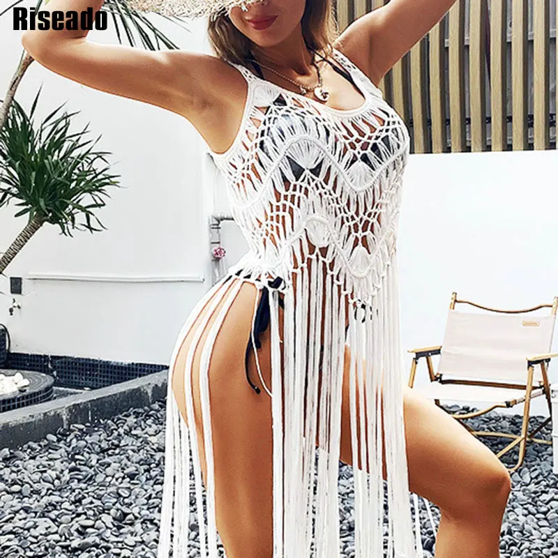 

Riseado Knitted Beach Dress Sexy Dresses Woman Summer 2022 Boho Swimsuits Woman Tassel Beach Cover Up Solid Swimsuit Cover Up