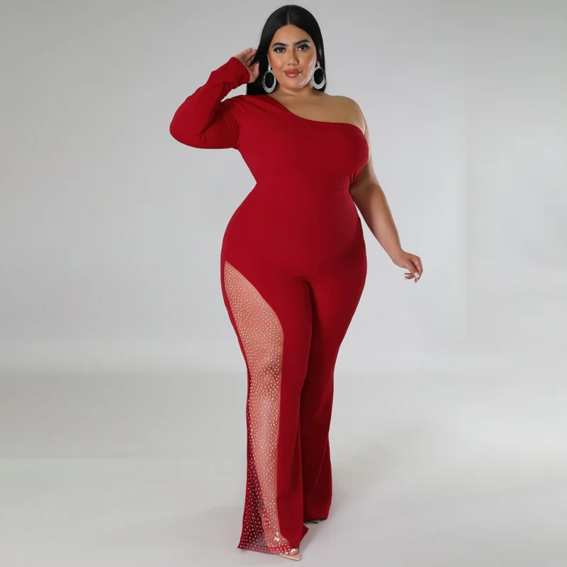 Plus Size Large Women's Sexy Hot Drilling Jumpsuit New Factory Skeleton One-shoulder FashionJumpsuit For Women Female Clothing