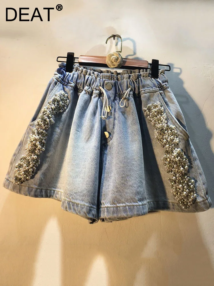 

DEAT Women's Denim Shorts Diamonds Pearls Beading High Waist Drawstring Loose Wide Leg Short Jeans 2023 Summer New Fashion 29L59