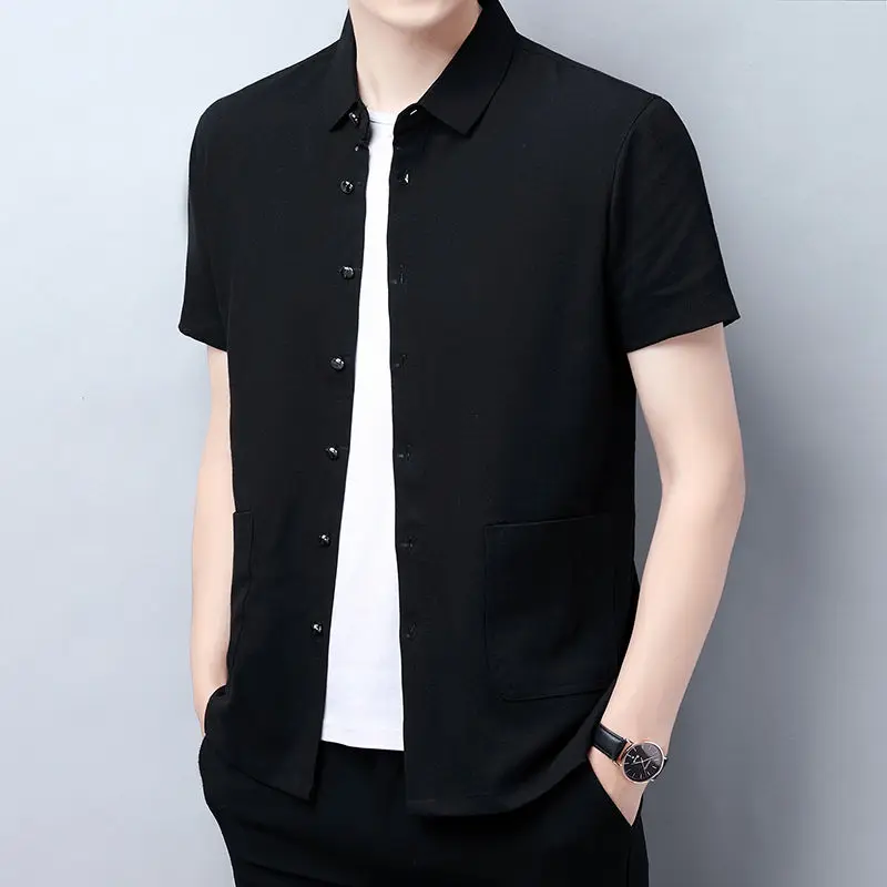 

Men's Summer Thin Shirt Lapel Short-sleeved Cotton Linen Solid Color Ice Silk Male Black Multi-pocket Casual Men Clothing E95