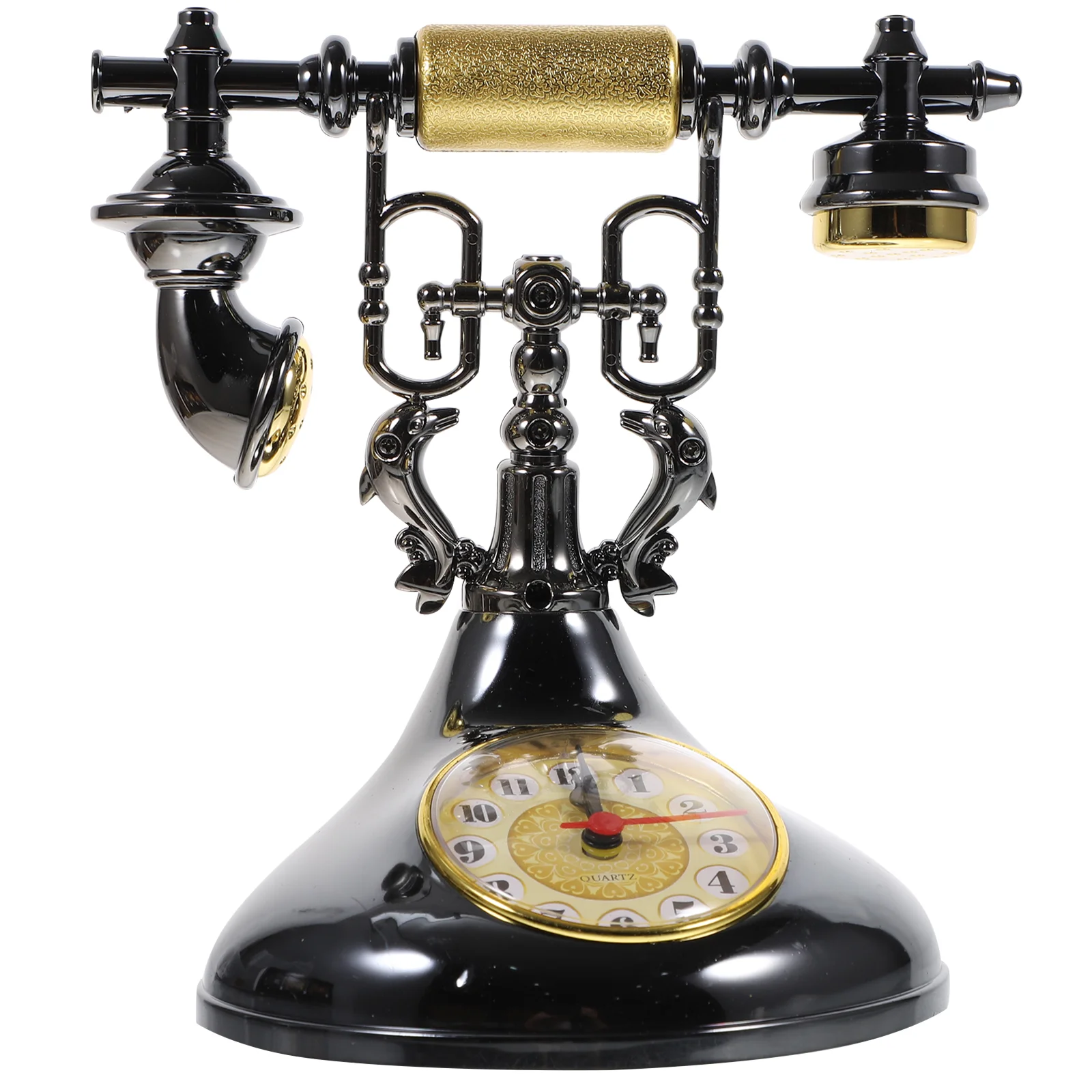 

Telephone Figurine Retro Decor Tabletop Clock Landline Roman Numeral Push Button Dial Office Desktop Silent Alarm