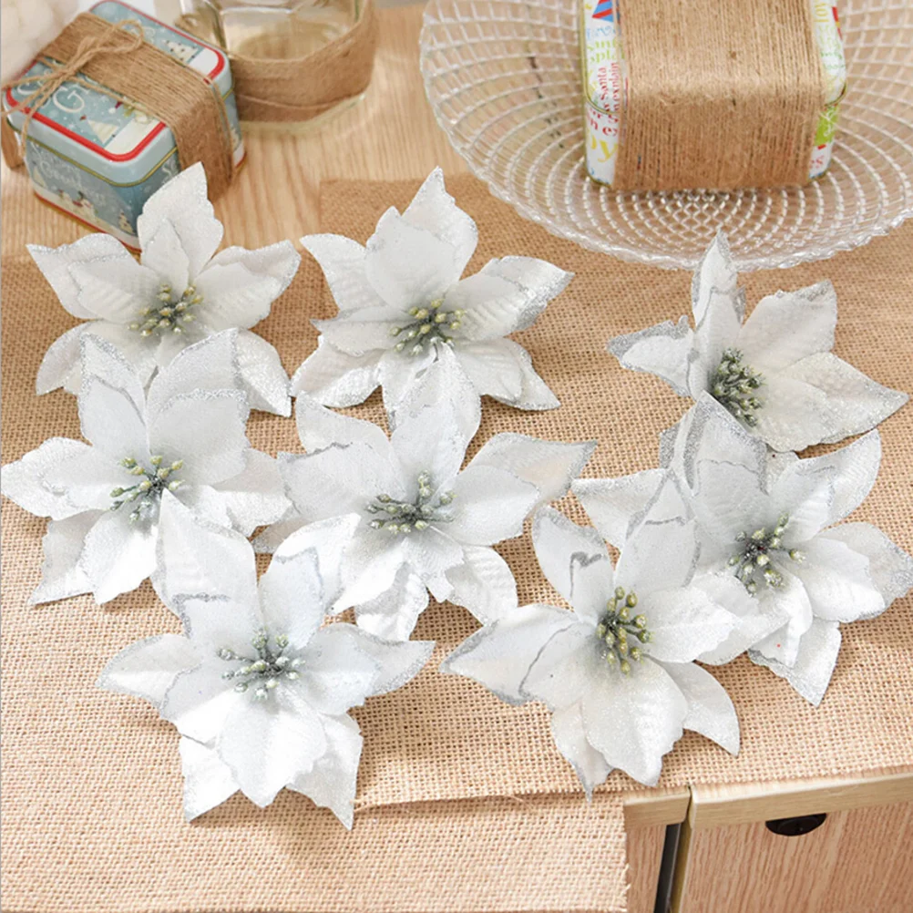 

Poinsettia Christmas Flowers Artificial Tree Decorations Fake Flower Glitterdecorative Mini Silverornaments Poinsettias Gliter